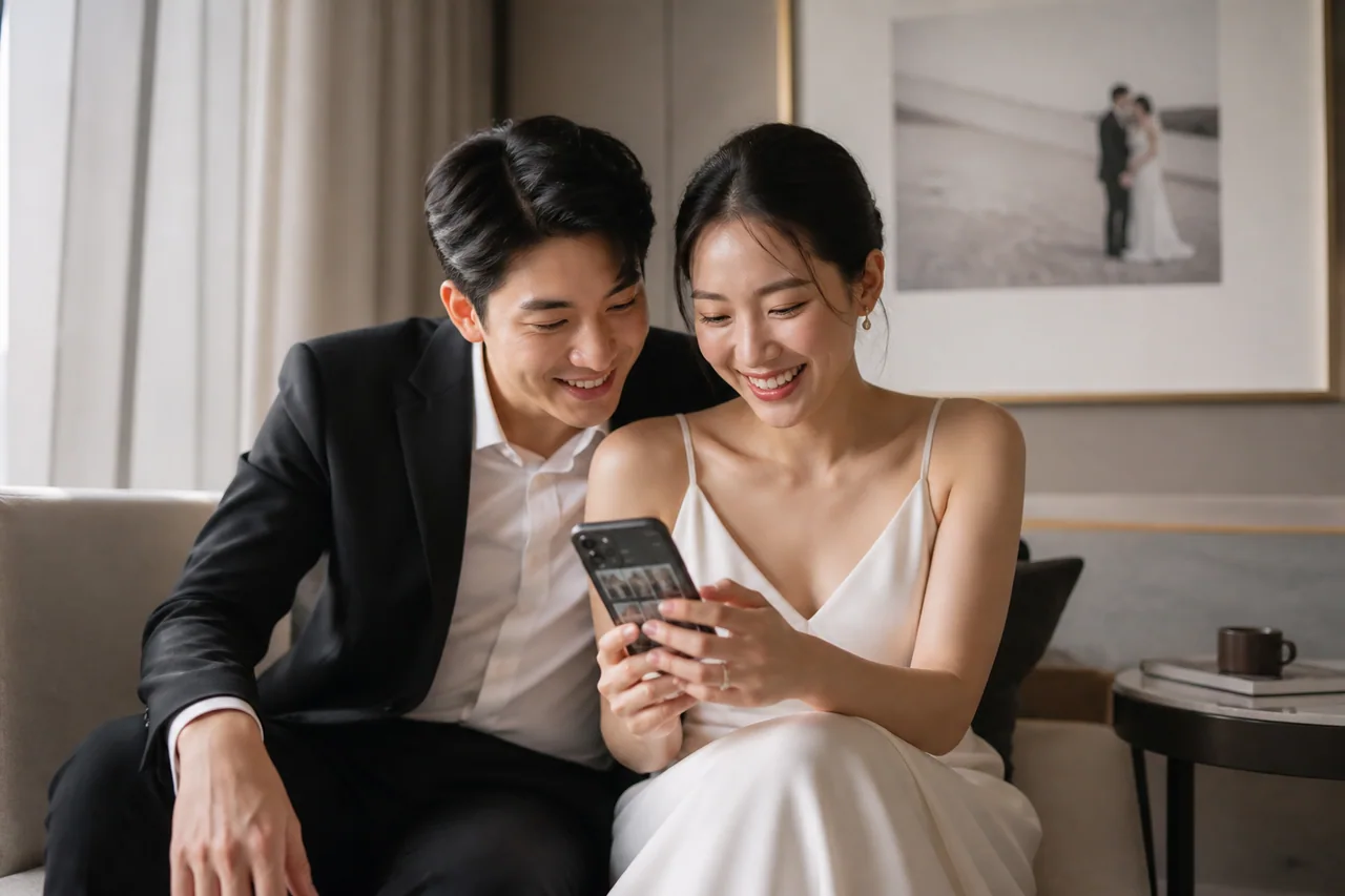 คู่บ่าวสาวเปิดดูภาพจากงานแต่ง